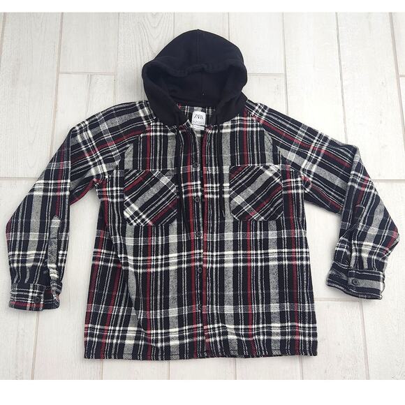 Zara Mens Medium Plaid Overshirt Shacket Button Up Hooded Jacket Black Red Shirt - Picture 1 of 8